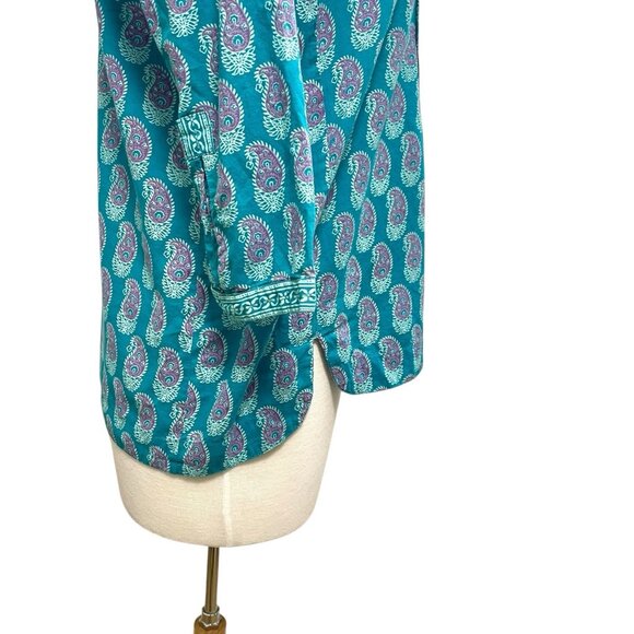 Anokhi Paisley Split-Neck 3/4 Sleeve Blouse Top Turquoise size Small - Picture 4 of 8
